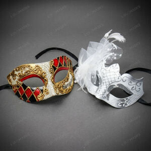 Venetian Jester White Feather Masquerade Halloween Party Mask Multi